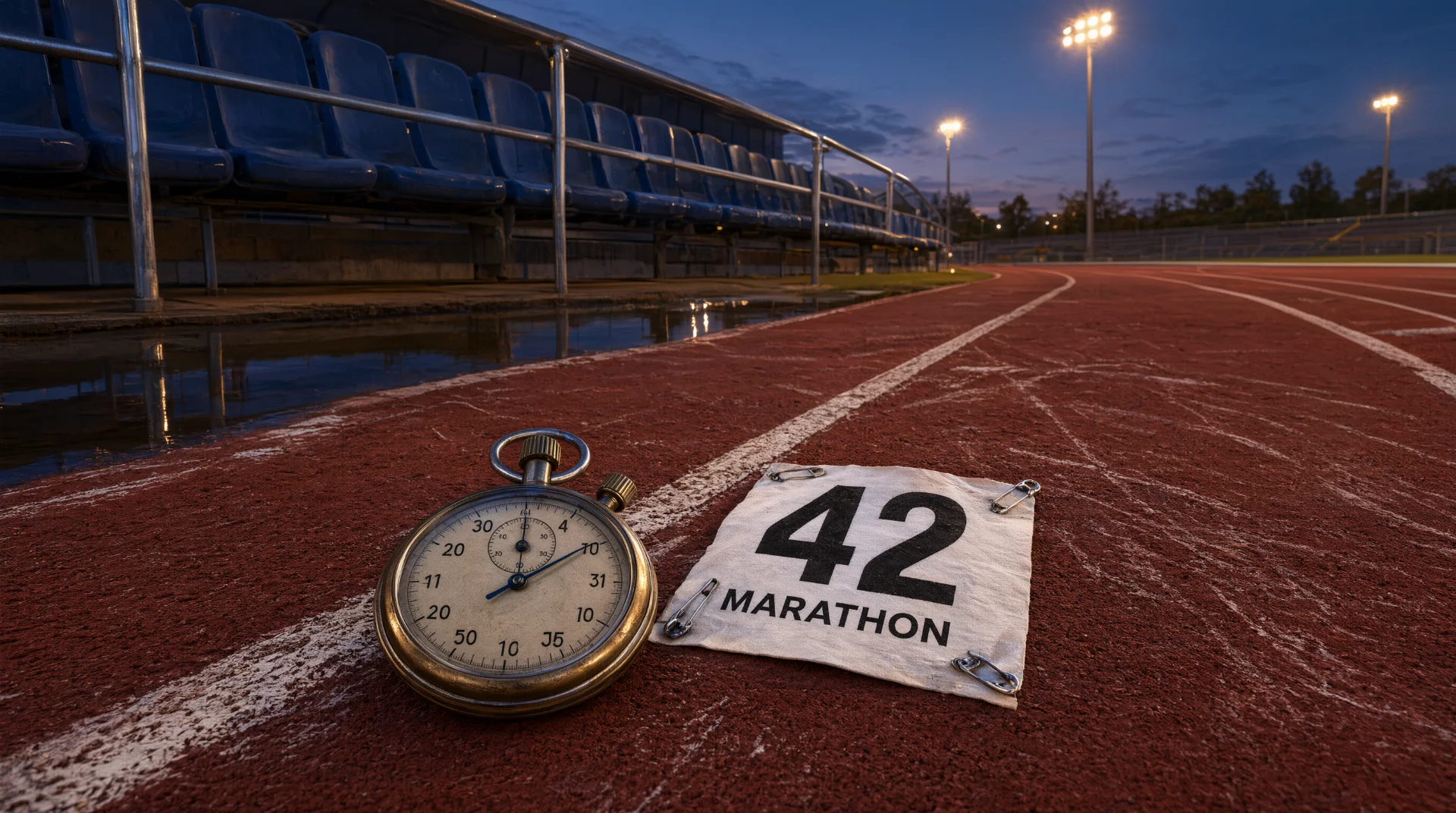 暮色下的田径跑道上放着一只老式秒表和印有“42 MARATHON”的号码布，白色分道线伸向远方；旁侧是空荡的看台座椅与栏杆，远处照明灯亮起，地面留有水痕。